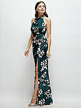 Side View Thumbnail - Vintage Primrose Evergreen Cowl Halter Open-Back Floral Satin Maxi Dress