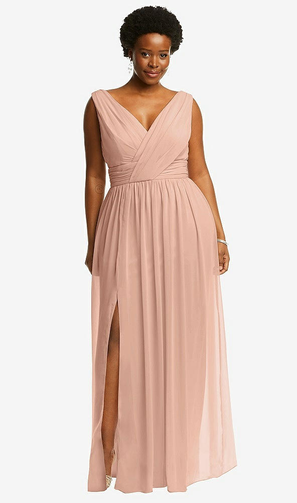 Sleeveless Draped Chiffon Maxi Bridesmaid Dress With Front Slit In Pale  Peach | The Dessy Group