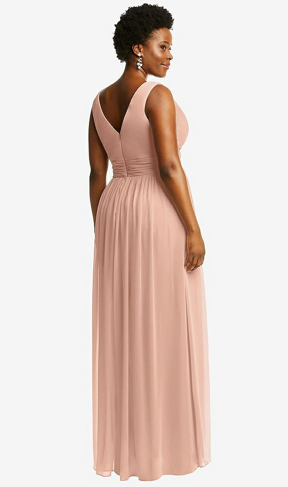 Back View - Pale Peach Sleeveless Draped Chiffon Maxi Dress with Front Slit