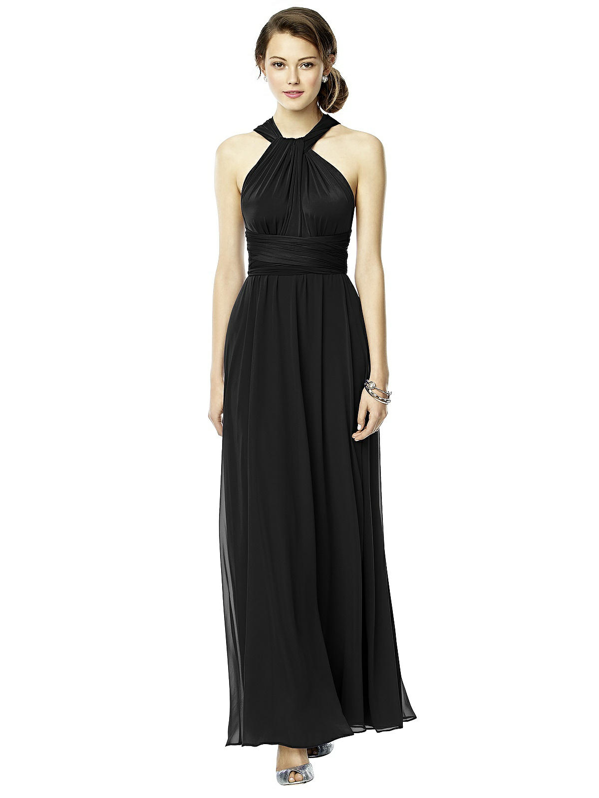 Twist Wrap Bridesmaid Dress W/ Chiffon Overskirt: Long In Black | The ...