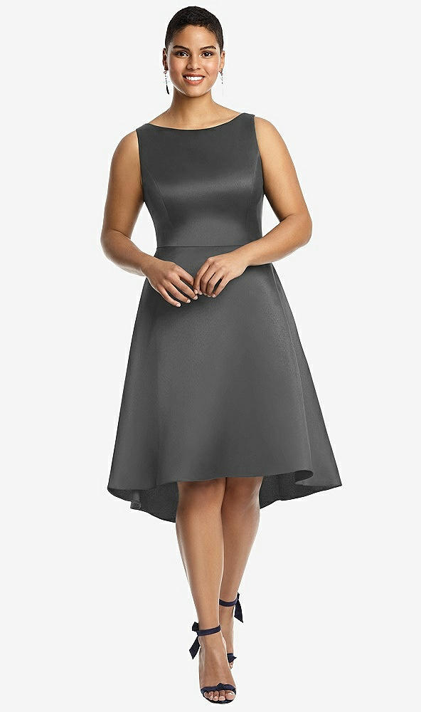 Front View - Gunmetal Bateau Neck Satin High Low Cocktail Dress