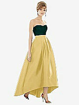 Alt View 1 Thumbnail - Maize & Evergreen Strapless Satin High Low Dress with Pockets