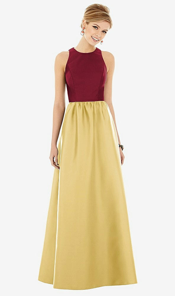 Front View - Maize & Burgundy Sleeveless Keyhole Back Satin Maxi Dress