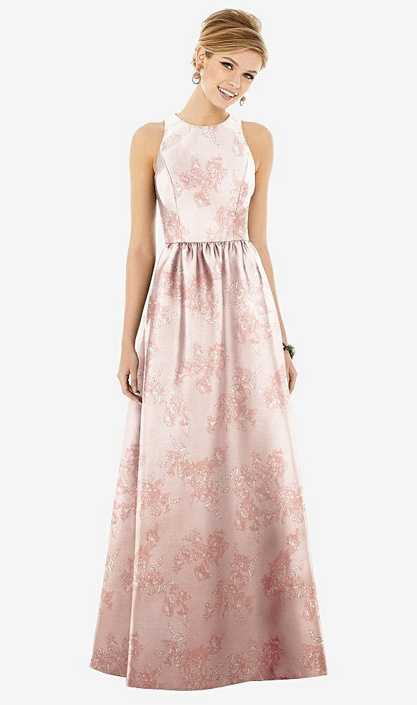 Front View - Bow And Blossom Print Sleeveless Closed-Back Floral Satin Maxi Dress with Pockets