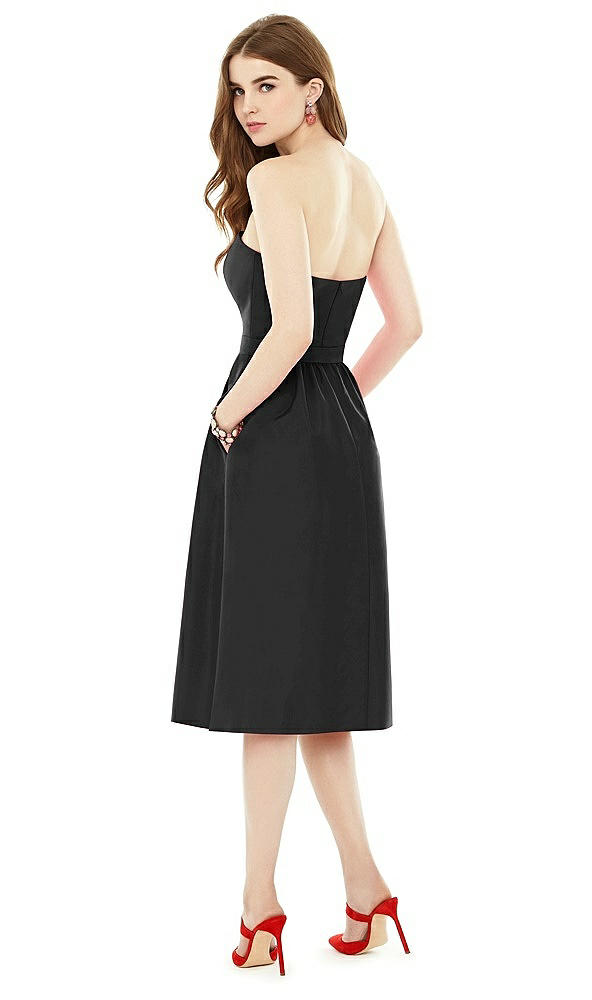 Back View - Black Midi Natural Waist Strapless Dress