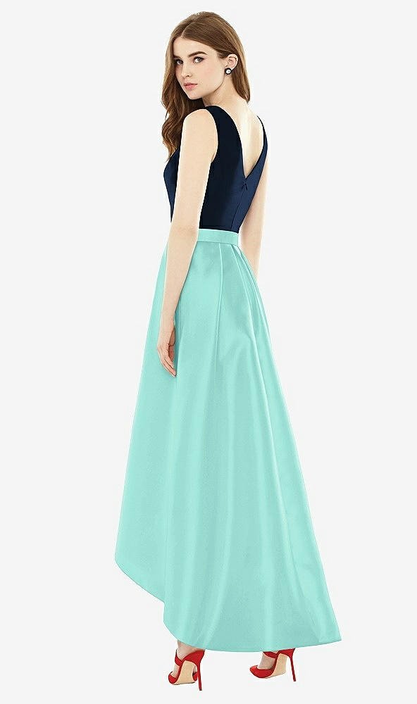 Back View - Coastal & Midnight Navy Sleeveless Pleated Skirt High Low Dress with Pockets