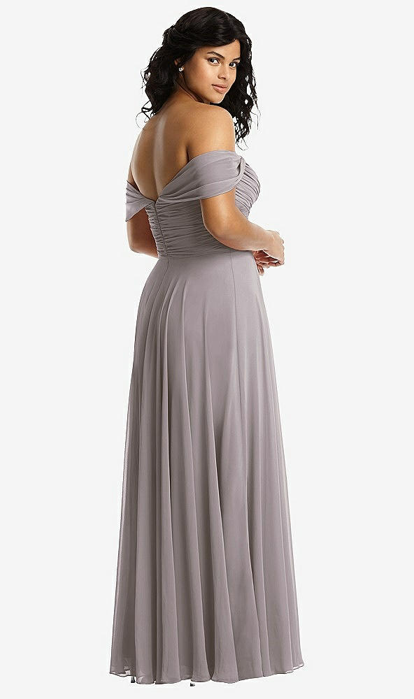 Back View - Cashmere Gray Off-the-Shoulder Draped Chiffon Maxi Dress