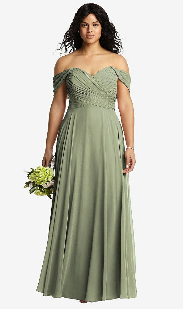 Front View - Sage Off-the-Shoulder Draped Chiffon Maxi Dress