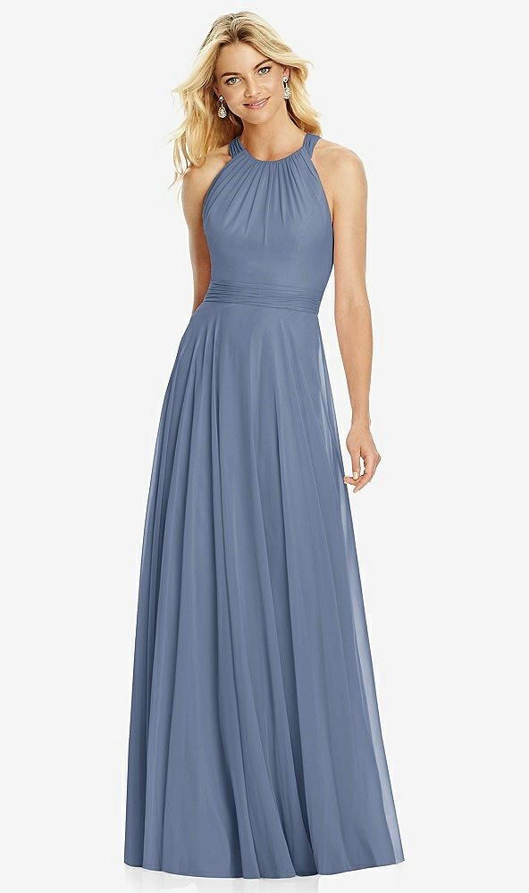 Front View - Larkspur Blue Cross Strap Open-Back Halter Maxi Dress