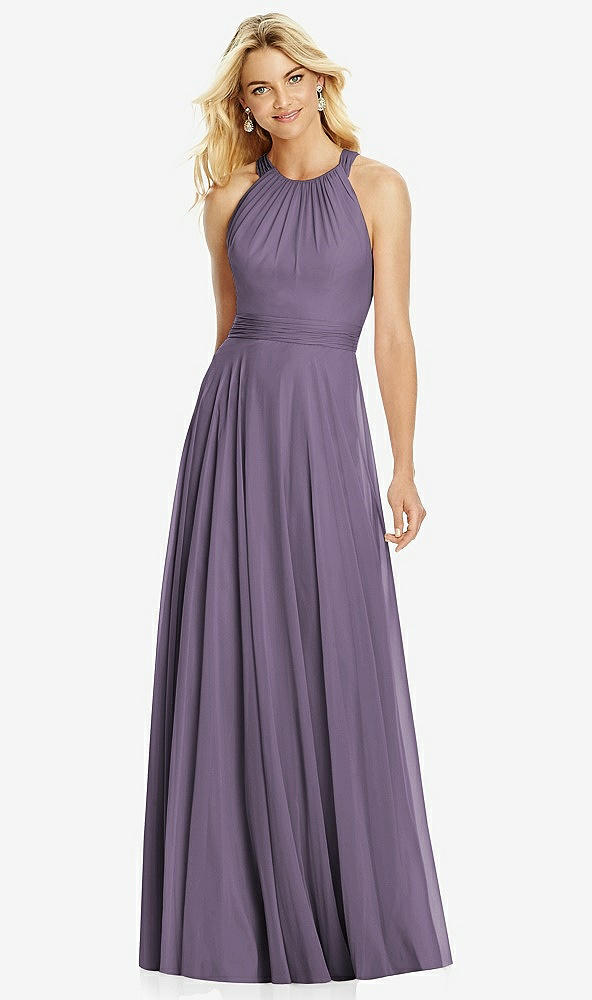 Front View - Lavender Cross Strap Open-Back Halter Maxi Dress