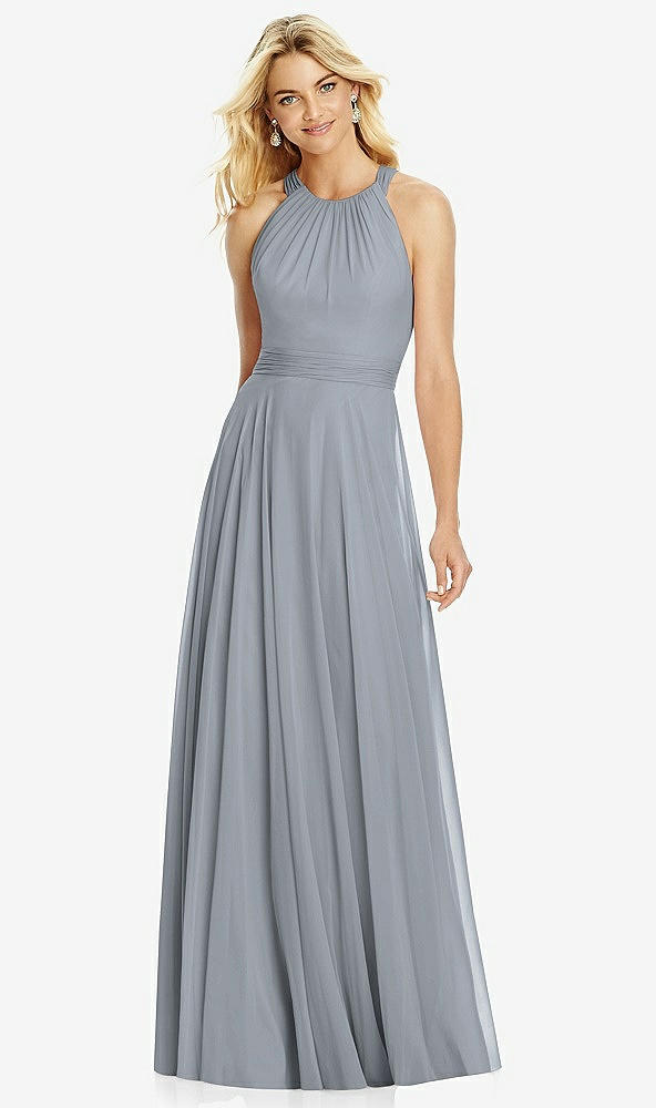 Front View - Platinum Cross Strap Open-Back Halter Maxi Dress