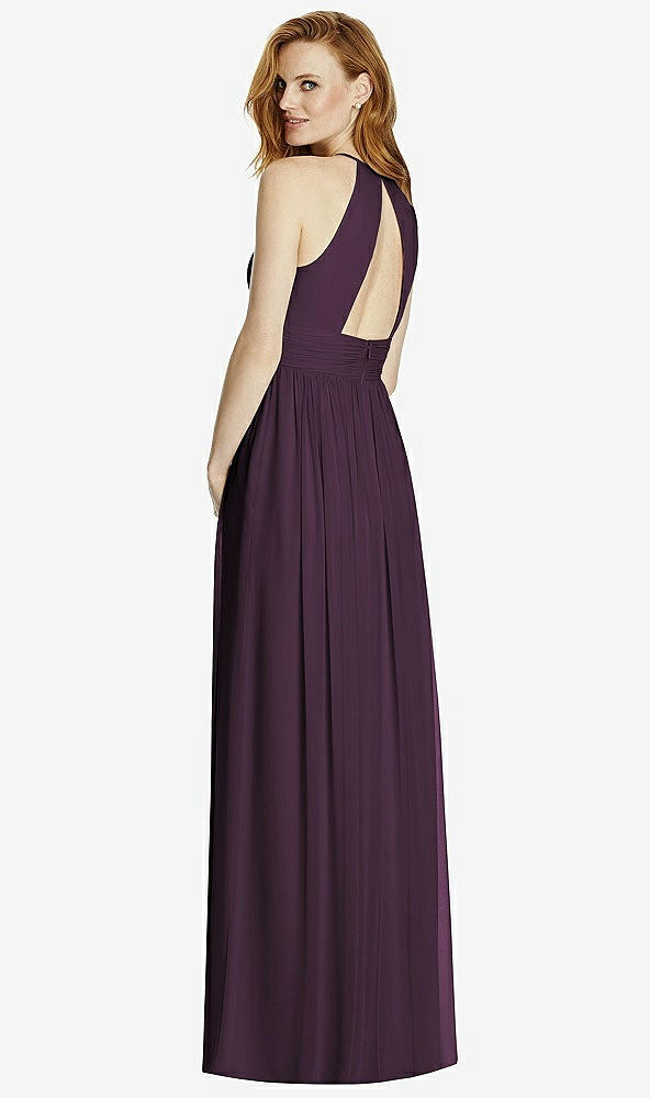 Back View - Aubergine Cutout Open-Back Shirred Halter Maxi Dress