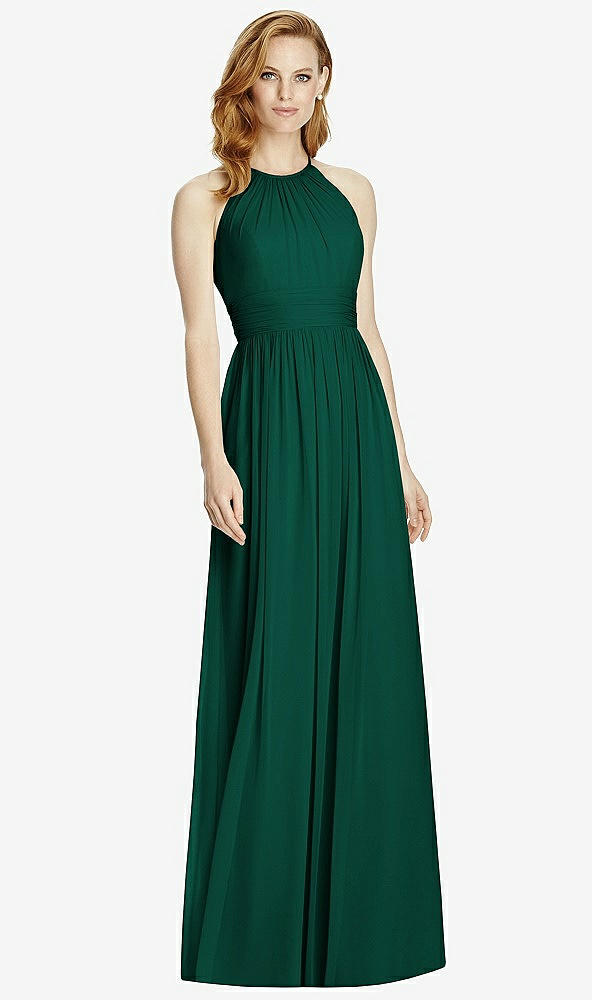 Front View - Hunter Green Cutout Open-Back Shirred Halter Maxi Dress