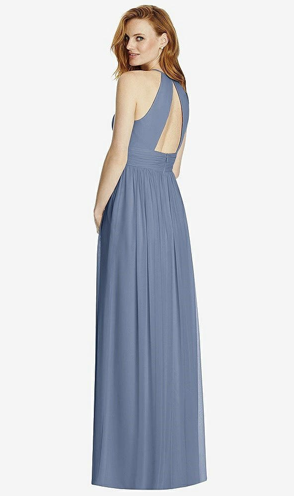 Back View - Larkspur Blue Cutout Open-Back Shirred Halter Maxi Dress