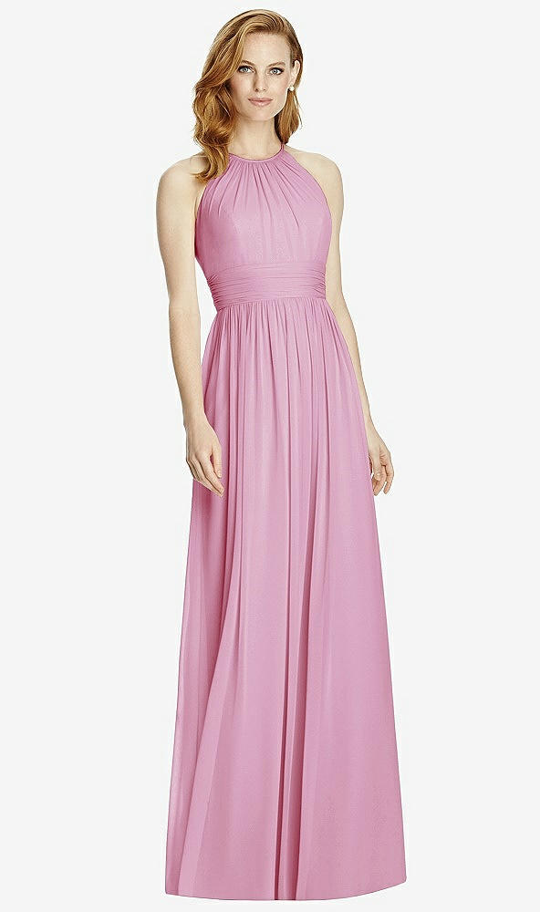 Front View - Powder Pink Cutout Open-Back Shirred Halter Maxi Dress