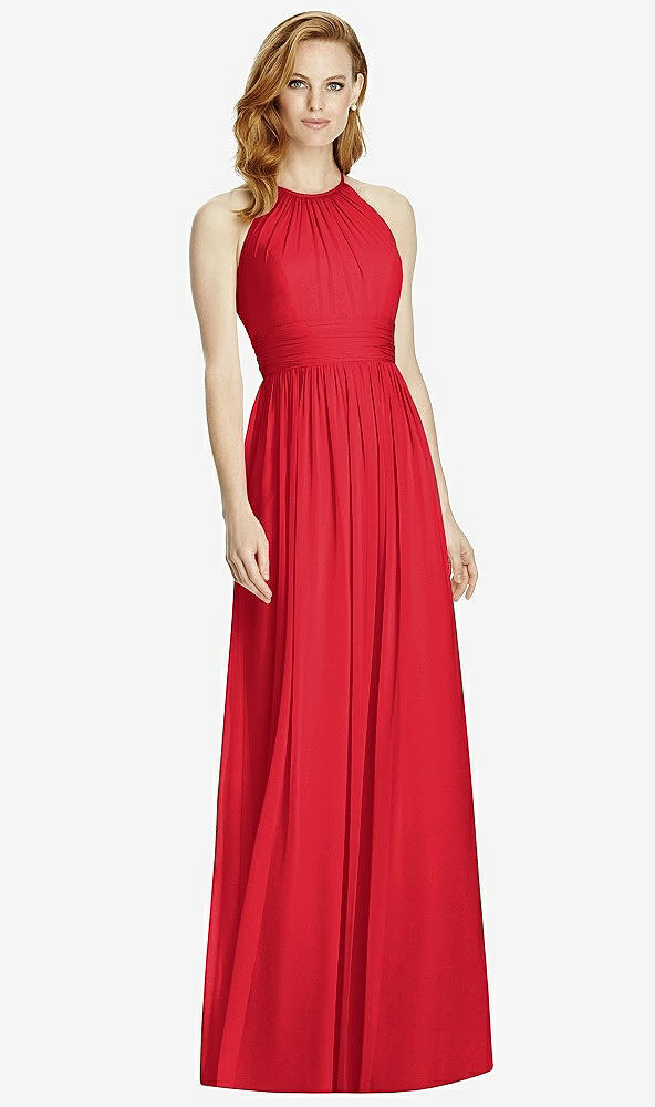 Front View - Parisian Red Cutout Open-Back Shirred Halter Maxi Dress