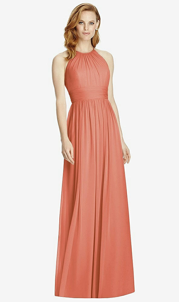 Front View - Terracotta Copper Cutout Open-Back Shirred Halter Maxi Dress