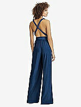 Rear View Thumbnail - Estate Blue Gold Twist Wrap Shimmer Jumpsuit