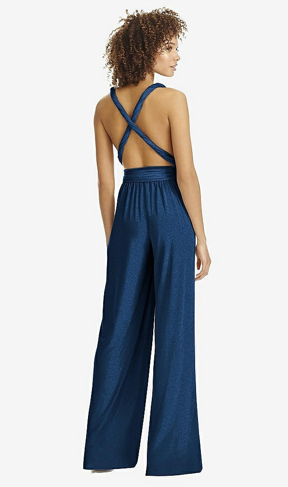 Back View - Estate Blue Gold Twist Wrap Shimmer Jumpsuit