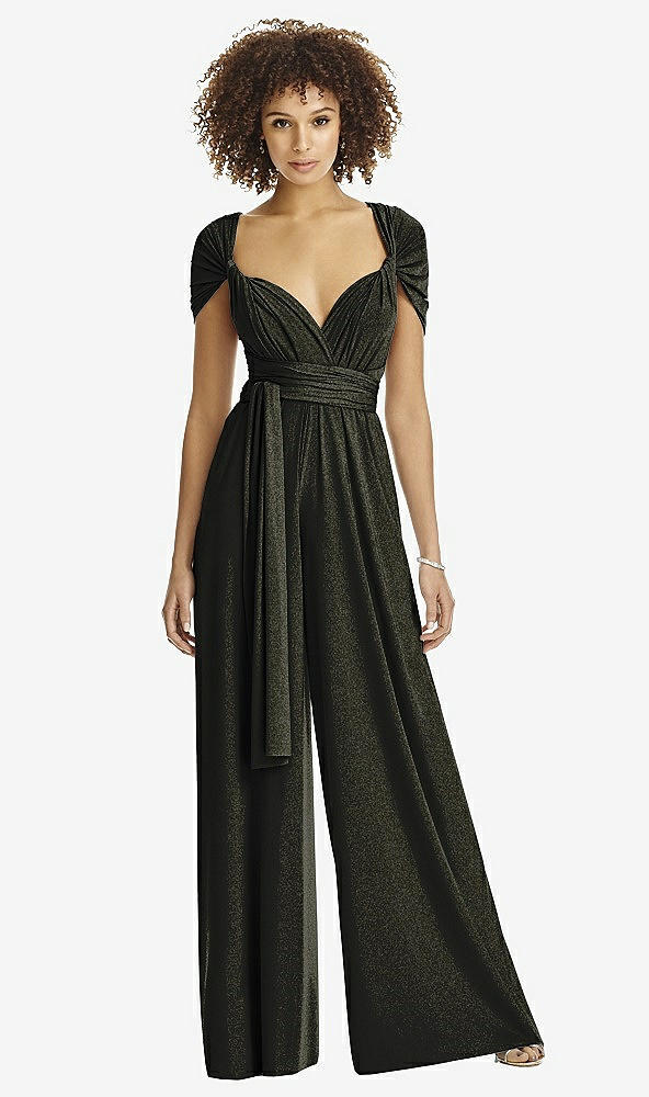 Front View - Black Gold Twist Wrap Shimmer Jumpsuit