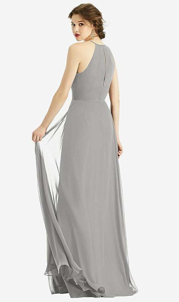 Back View - Chelsea Gray Keyhole Halter Chiffon Maxi Dress