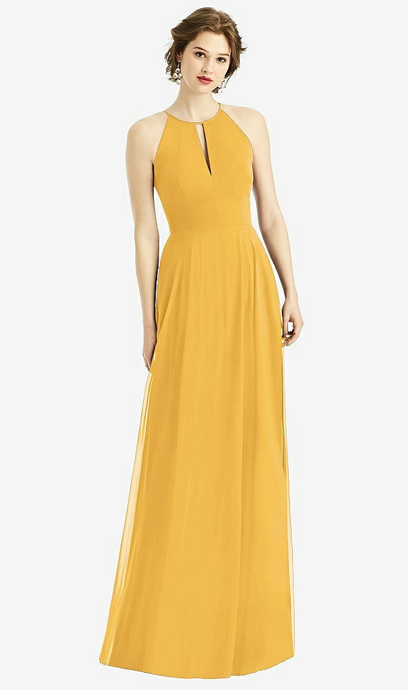 Front View - NYC Yellow Keyhole Halter Chiffon Maxi Dress