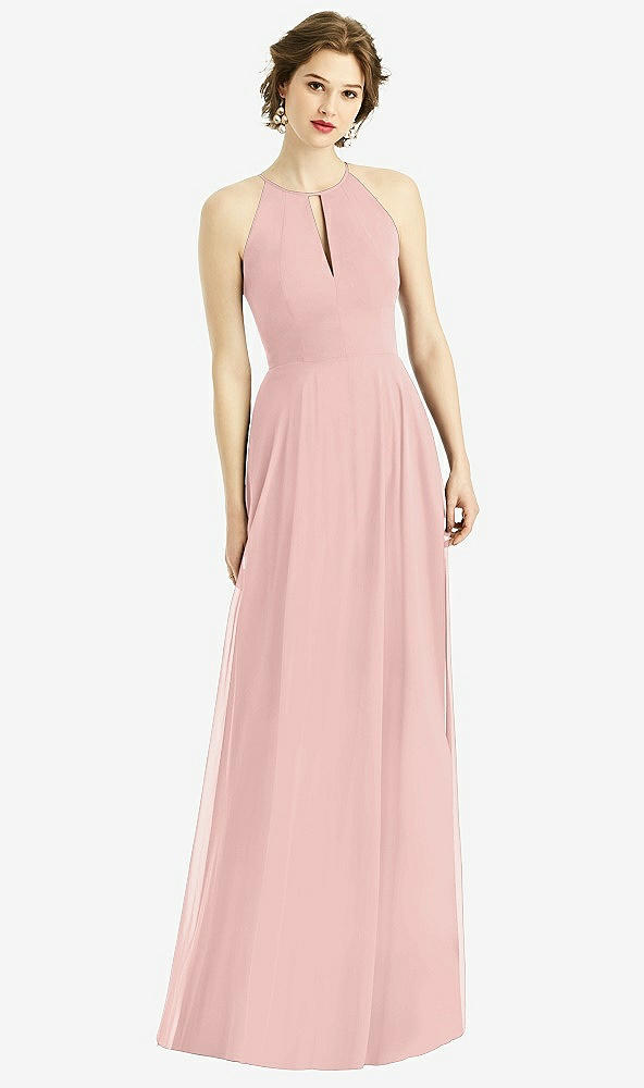 Front View - Rose - PANTONE Rose Quartz Keyhole Halter Chiffon Maxi Dress