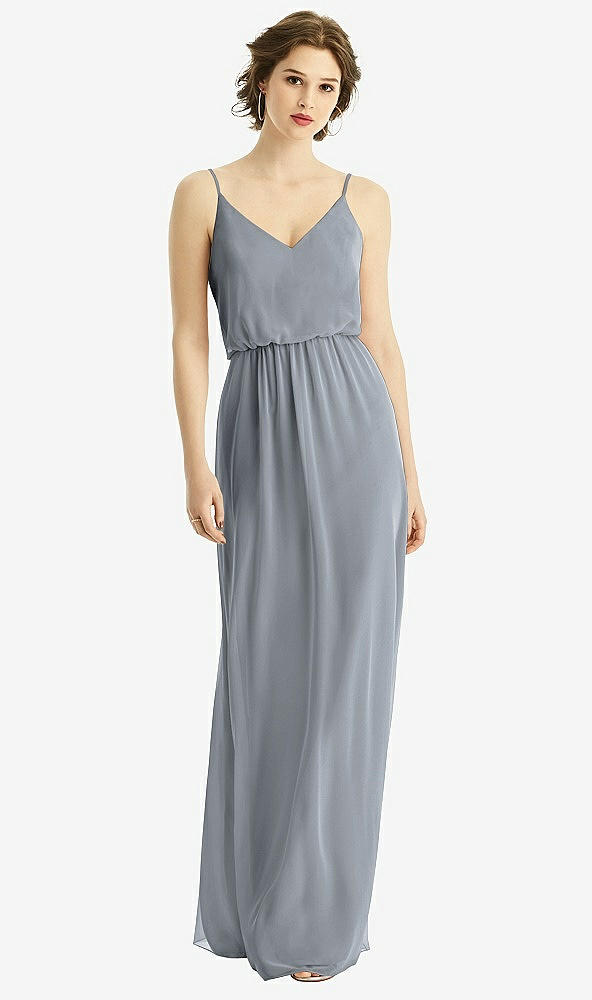 Front View - Platinum V-Neck Blouson Bodice Chiffon Maxi Dress