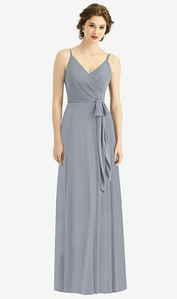 Front View - Platinum Draped Wrap Chiffon Maxi Dress with Sash