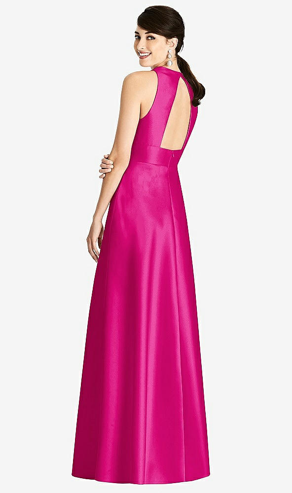 Back View - Think Pink Sleeveless Open-Back Pleated Skirt Dress with Pockets