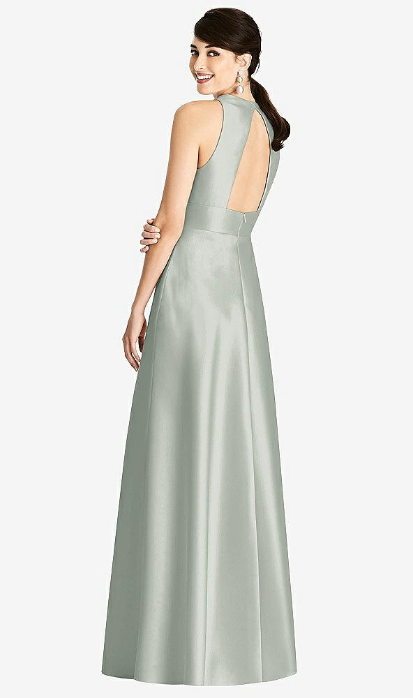 Back View - Willow Green Sleeveless Open-Back Pleated Skirt Dress with Pockets