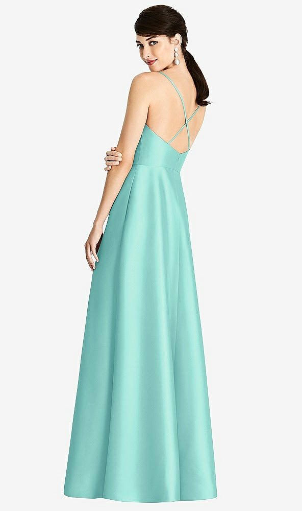 Back View - Coastal V-Neck Full Skirt Satin Maxi Dress