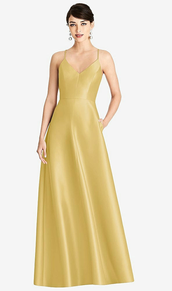 Front View - Maize V-Neck Full Skirt Satin Maxi Dress