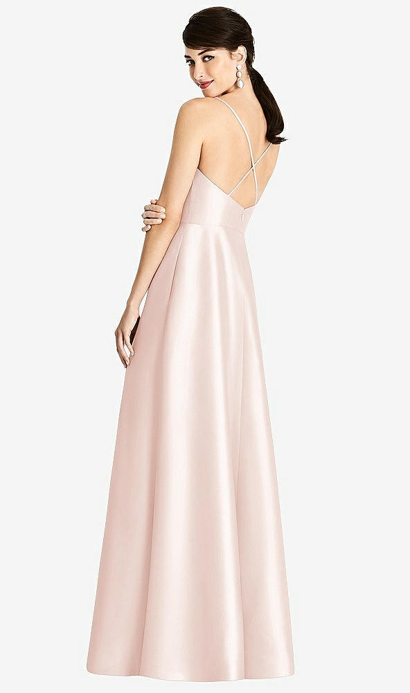 Back View - Blush V-Neck Full Skirt Satin Maxi Dress