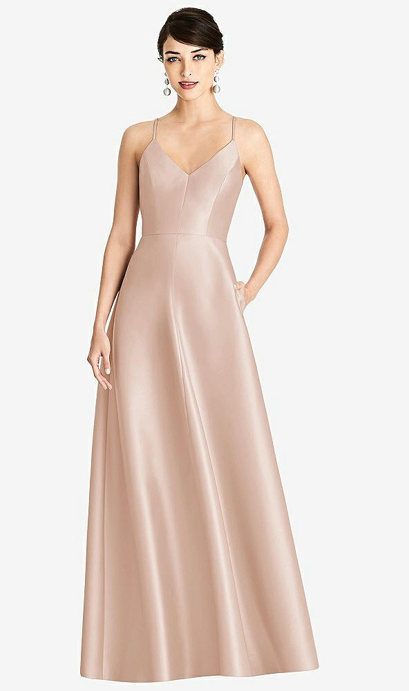 Front View - Cameo V-Neck Full Skirt Satin Maxi Dress