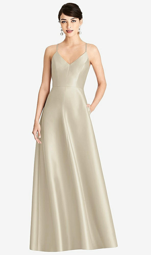 Front View - Champagne V-Neck Full Skirt Satin Maxi Dress