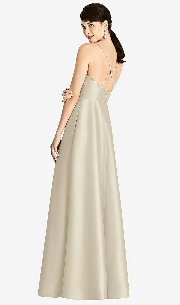 Back View - Champagne V-Neck Full Skirt Satin Maxi Dress