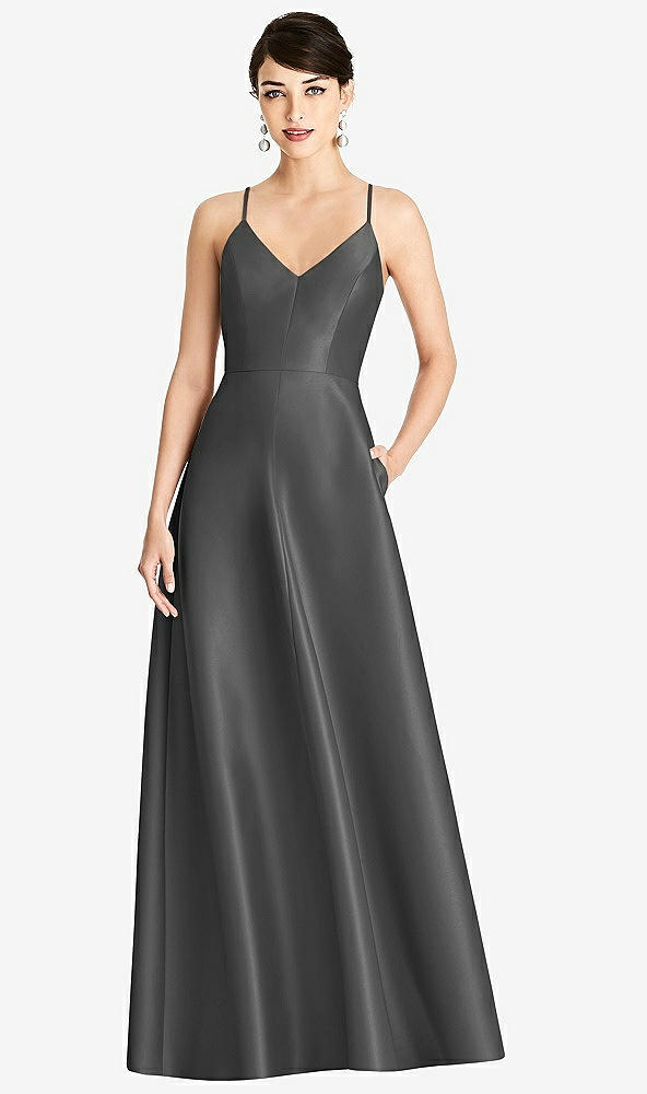 Front View - Gunmetal V-Neck Full Skirt Satin Maxi Dress