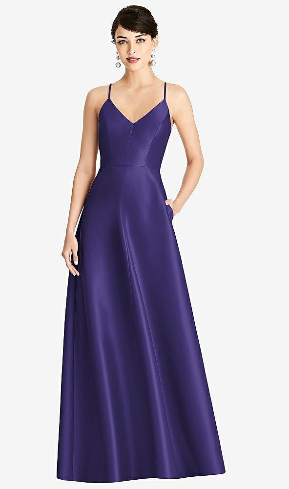 Front View - Grape V-Neck Full Skirt Satin Maxi Dress