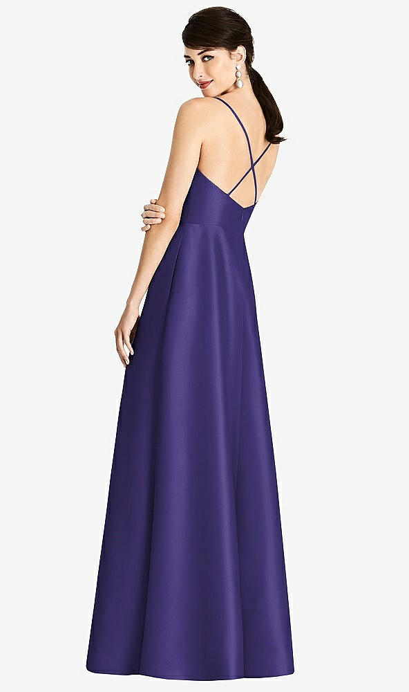 Back View - Grape V-Neck Full Skirt Satin Maxi Dress