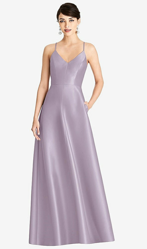 Front View - Lilac Haze V-Neck Full Skirt Satin Maxi Dress