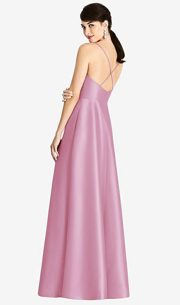 Back View - Powder Pink V-Neck Full Skirt Satin Maxi Dress