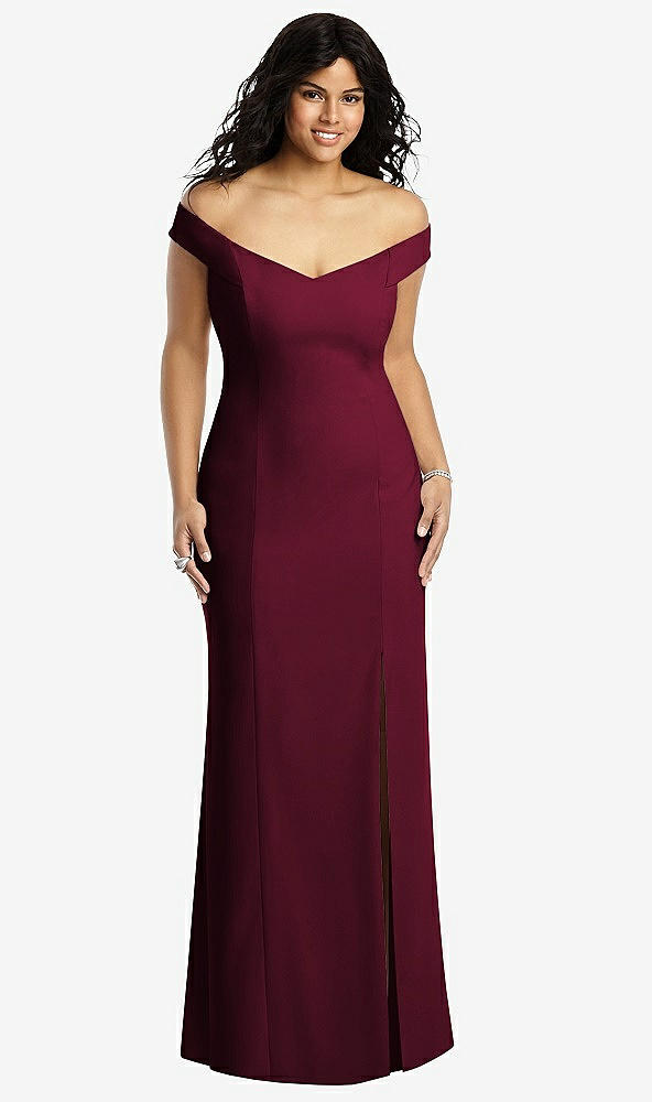 Front View - Cabernet Off-the-Shoulder Criss Cross Back Trumpet Gown