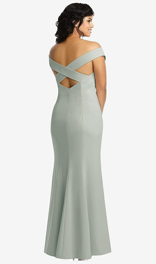 Back View - Willow Green Off-the-Shoulder Criss Cross Back Trumpet Gown