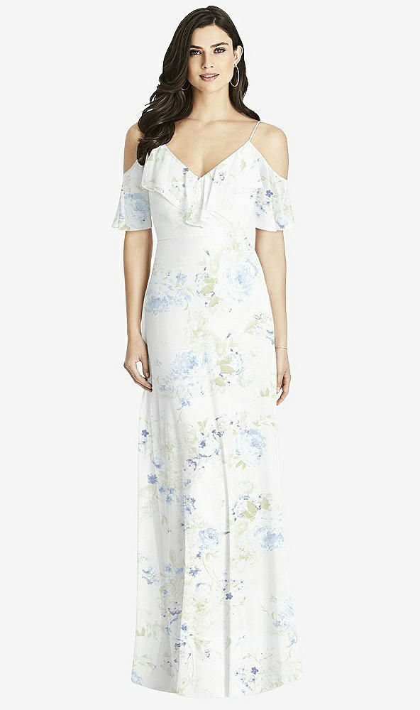 Front View - Bleu Garden Ruffled Cold-Shoulder Chiffon Maxi Dress