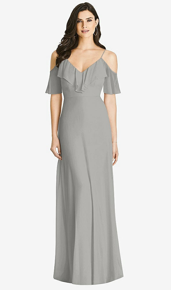 Front View - Chelsea Gray Ruffled Cold-Shoulder Chiffon Maxi Dress