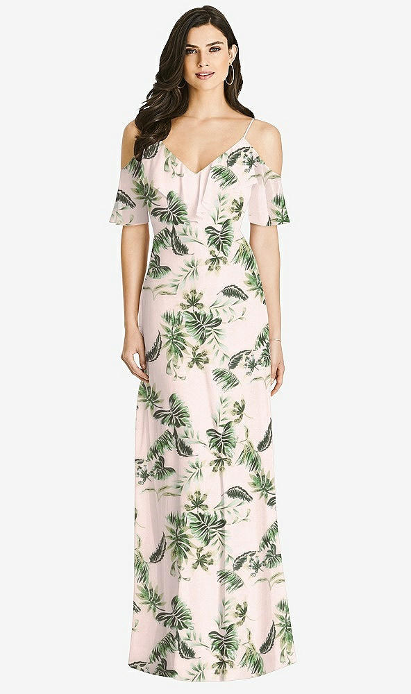 Front View - Palm Beach Print Ruffled Cold-Shoulder Chiffon Maxi Dress