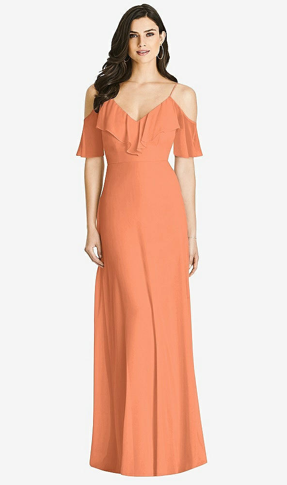 Front View - Sweet Melon Ruffled Cold-Shoulder Chiffon Maxi Dress