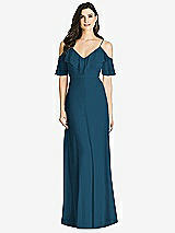 Front View Thumbnail - Atlantic Blue Ruffled Cold-Shoulder Chiffon Maxi Dress