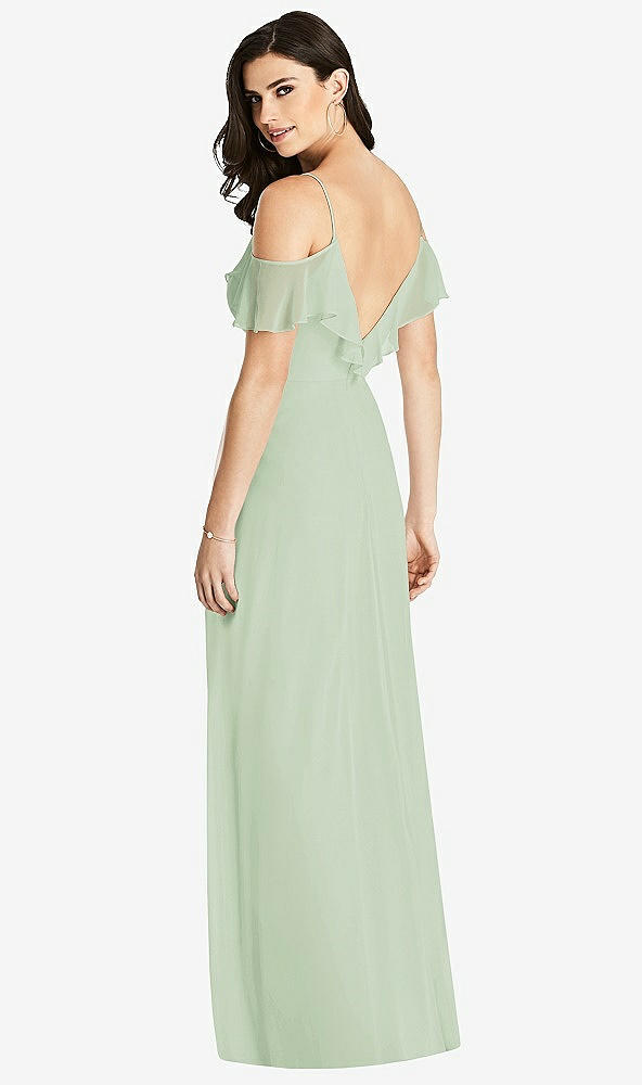 Back View - Celadon Ruffled Cold-Shoulder Chiffon Maxi Dress